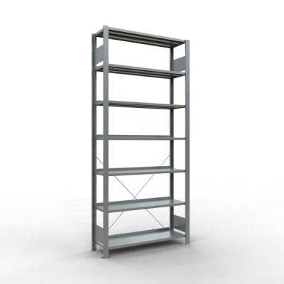 Grundregal, Büro-Fachbodenregal Stecksystem MULTIplus85, 2300 x 1000 x 300 mm (HxBxT), 7 Fachböden, Kreuzstrebe, verzinkt, mit Anschlagleiste