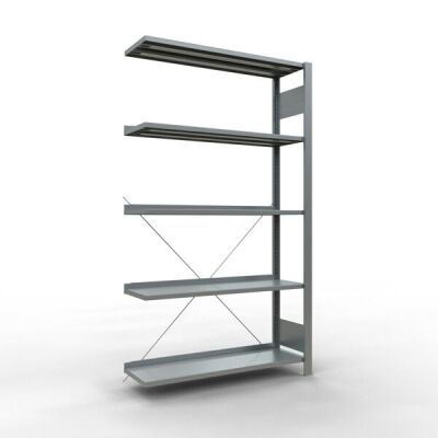 Anbauregal, Büro-Fachbodenregal Stecksystem MULTIplus85, 1800 x 1000 x 300 mm (HxBxT), 5 Fachböden, Kreuzstrebe, verzinkt, mit Anschlagleiste