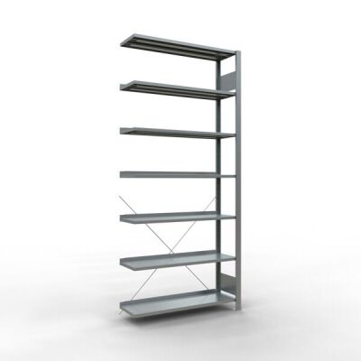Anbauregal, Büro-Fachbodenregal Stecksystem MULTIplus85, 2300 x 1000 x 300 mm (HxBxT), 7 Fachböden, Kreuzstrebe, verzinkt, mit Anschlagleiste