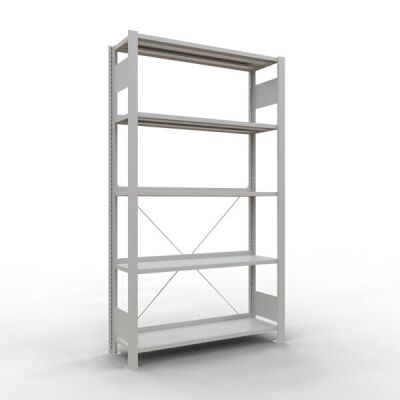 Grundregal, Büro-Fachbodenregal Stecksystem MULTIplus85, 1800 x 1000 x 300 mm (HxBxT), 5 Fachböden, Kreuzstrebe, RAL 7035 lichtgrau, mit Anschlagleiste