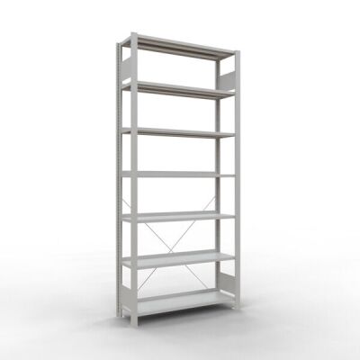 Grundregal, Büro-Fachbodenregal Stecksystem MULTIplus85, 2300 x 1000 x 300 mm (HxBxT), 7 Fachböden, Kreuzstrebe, RAL 7035 lichtgrau, mit Anschlagleiste