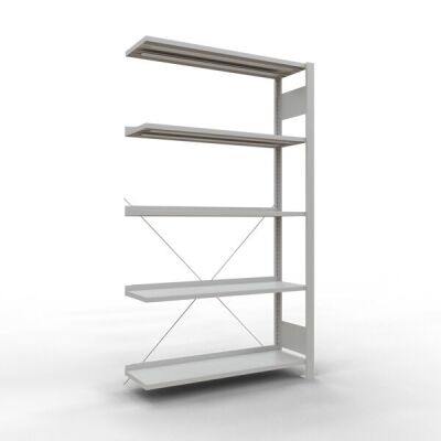 Anbauregal, Büro-Fachbodenregal Stecksystem MULTIplus85, 1800 x 1000 x 300 mm (HxBxT), 5 Fachböden, Kreuzstrebe, RAL 7035 lichtgrau, mit Anschlagleiste