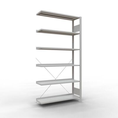 Anbauregal, Büro-Fachbodenregal Stecksystem MULTIplus85, 2000 x 1000 x 300 mm (HxBxT), 6 Fachböden, Kreuzstrebe, RAL 7035 lichtgrau, mit Anschlagleiste