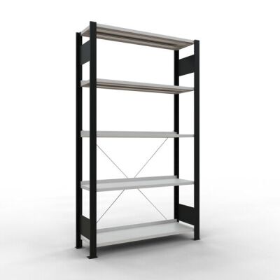 Grundregal, Büro-Fachbodenregal Stecksystem MULTIplus85, 1800 x 1000 x 300 mm (HxBxT), 5 Fachböden, Kreuzstrebe, schwarz/RAL 7035 lichtgrau, mit Anschlagleiste