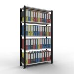 Grundregal, Büro-Fachbodenregal Stecksystem MULTIplus85, 1800 x 1000 x 300 mm (HxBxT), 5 Fachböden, Kreuzstrebe, schwarz/RAL 7035 lichtgrau, mit Anschlagleiste