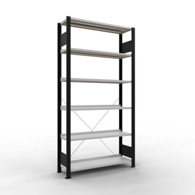 Grundregal, Büro-Fachbodenregal Stecksystem MULTIplus85, 2000 x 1000 x 300 mm (HxBxT), 6 Fachböden, Kreuzstrebe, schwarz/RAL 7035 lichtgrau, mit Anschlagleiste