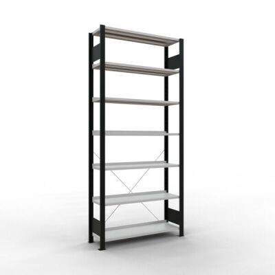 Grundregal, Büro-Fachbodenregal Stecksystem MULTIplus85, 2300 x 1000 x 300 mm (HxBxT), 7 Fachböden, Kreuzstrebe, schwarz/RAL 7035 lichtgrau, mit Anschlagleiste