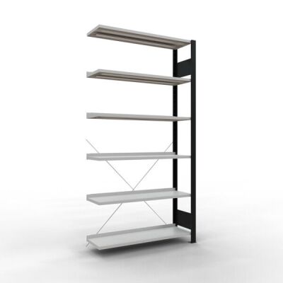 Anbauregal, Büro-Fachbodenregal Stecksystem MULTIplus85, 2000 x 1000 x 300 mm (HxBxT), 6 Fachböden, Kreuzstrebe, schwarz/RAL 7035 lichtgrau, mit Anschlagleiste