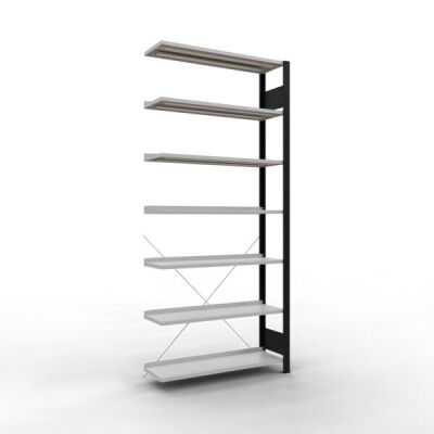 Anbauregal, Büro-Fachbodenregal Stecksystem MULTIplus85, 2300 x 1000 x 300 mm (HxBxT), 7 Fachböden, Kreuzstrebe, schwarz/RAL 7035 lichtgrau, mit Anschlagleiste