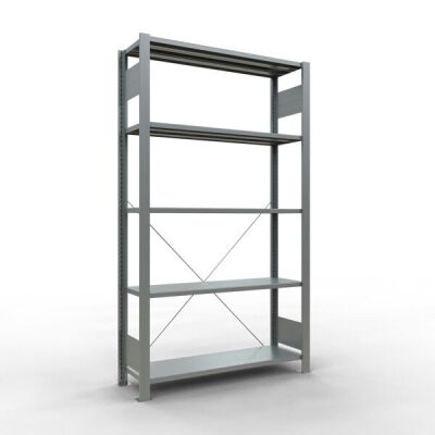 Grundregal, Büro-Fachbodenregal Stecksystem MULTIplus85, 1800 x 1000 x 300 mm (HxBxT), 5 Fachböden, Kreuzstrebe, verzinkt, ohne Anschlagleiste