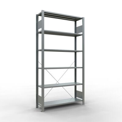 Grundregal, Büro-Fachbodenregal Stecksystem MULTIplus85, 2000 x 1000 x 300 mm (HxBxT), 6 Fachböden, Kreuzstrebe, verzinkt, ohne Anschlagleiste