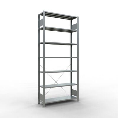 Grundregal, Büro-Fachbodenregal Stecksystem MULTIplus85, 2300 x 1000 x 300 mm (HxBxT), 7 Fachböden, Kreuzstrebe, verzinkt, ohne Anschlagleiste