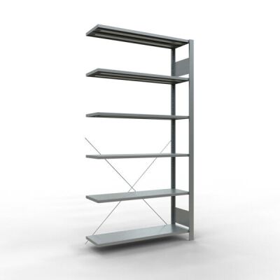 Anbauregal, Büro-Fachbodenregal Stecksystem MULTIplus85, 2000 x 1000 x 300 mm (HxBxT), 6 Fachböden, Kreuzstrebe, verzinkt, ohne Anschlagleiste