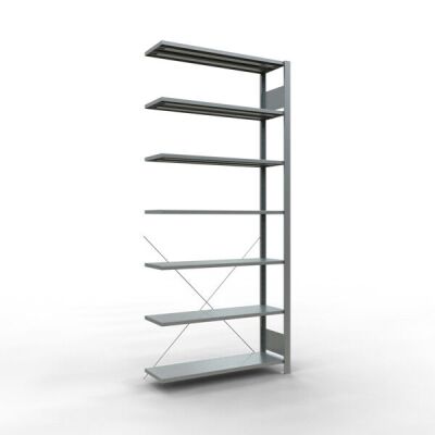Anbauregal, Büro-Fachbodenregal Stecksystem MULTIplus85, 2300 x 1000 x 300 mm (HxBxT), 7 Fachböden, Kreuzstrebe, verzinkt, ohne Anschlagleiste