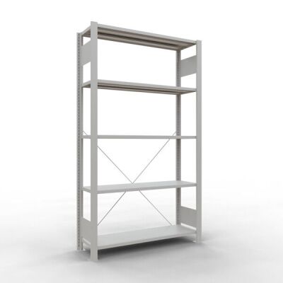 Grundregal, Büro-Fachbodenregal Stecksystem MULTIplus85, 1800 x 1000 x 300 mm (HxBxT), 5 Fachböden, Kreuzstrebe, RAL 7035 lichtgrau, ohne Anschlagleiste