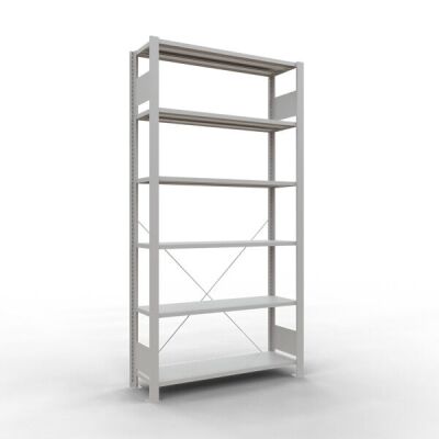 Grundregal, Büro-Fachbodenregal Stecksystem MULTIplus85, 2000 x 1000 x 300 mm (HxBxT), 6 Fachböden, Kreuzstrebe, RAL 7035 lichtgrau, ohne Anschlagleiste