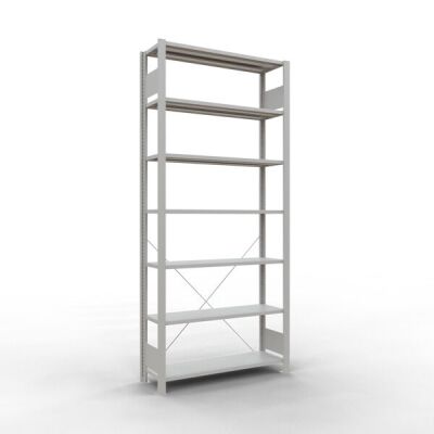 Grundregal, Büro-Fachbodenregal Stecksystem MULTIplus85, 2300 x 1000 x 300 mm (HxBxT), 7 Fachböden, Kreuzstrebe, RAL 7035 lichtgrau, ohne Anschlagleiste