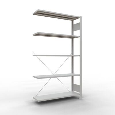 Anbauregal, Büro-Fachbodenregal Stecksystem MULTIplus85, 1800 x 1000 x 300 mm (HxBxT), 5 Fachböden, Kreuzstrebe, RAL 7035 lichtgrau, ohne Anschlagleiste