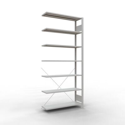 Anbauregal, Büro-Fachbodenregal Stecksystem MULTIplus85, 2300 x 1000 x 300 mm (HxBxT), 7 Fachböden, Kreuzstrebe, RAL 7035 lichtgrau, ohne Anschlagleiste