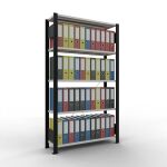 Grundregal, Büro-Fachbodenregal Stecksystem MULTIplus85, 1800 x 1000 x 300 mm (HxBxT), 5 Fachböden, Kreuzstrebe, schwarz/RAL 7035 lichtgrau, ohne Anschlagleiste