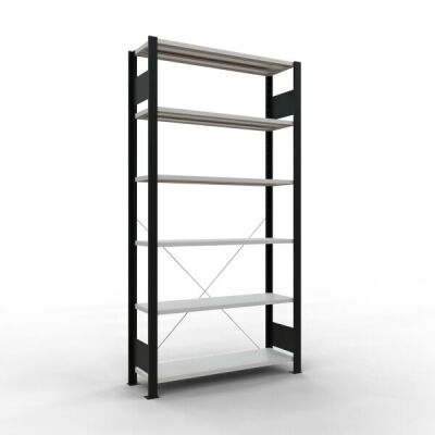 Grundregal, Büro-Fachbodenregal Stecksystem MULTIplus85, 2000 x 1000 x 300 mm (HxBxT), 6 Fachböden, Kreuzstrebe, schwarz/RAL 7035 lichtgrau, ohne Anschlagleiste