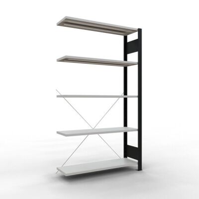 Anbauregal, Büro-Fachbodenregal Stecksystem MULTIplus85, 1800 x 1000 x 300 mm (HxBxT), 5 Fachböden, Kreuzstrebe, schwarz/RAL 7035 lichtgrau, ohne Anschlagleiste