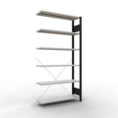 Anbauregal, Büro-Fachbodenregal Stecksystem MULTIplus85, 2000 x 1000 x 300 mm (HxBxT), 6 Fachböden, Kreuzstrebe, schwarz/RAL 7035 lichtgrau, ohne Anschlagleiste