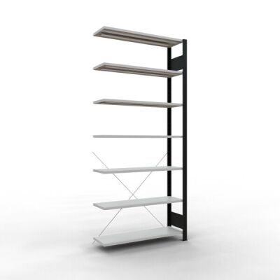 Anbauregal, Büro-Fachbodenregal Stecksystem MULTIplus85, 2300 x 1000 x 300 mm (HxBxT), 7 Fachböden, Kreuzstrebe, schwarz/RAL 7035 lichtgrau, ohne Anschlagleiste