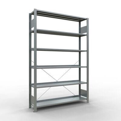 Grundregal, Büro-Fachbodenregal Stecksystem MULTIplus85, 2000 x 1300 x 300 mm (HxBxT), 6 Fachböden, Kreuzstrebe, verzinkt, mit Anschlagleiste