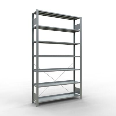 Grundregal, Büro-Fachbodenregal Stecksystem MULTIplus85, 2300 x 1300 x 300 mm (HxBxT), 7 Fachböden, Kreuzstrebe, verzinkt, mit Anschlagleiste