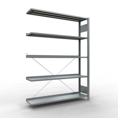 Anbauregal, Büro-Fachbodenregal Stecksystem MULTIplus85, 1800 x 1300 x 300 mm (HxBxT), 5 Fachböden, Kreuzstrebe, verzinkt, mit Anschlagleiste