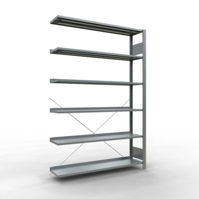 Anbauregal, Büro-Fachbodenregal Stecksystem MULTIplus85, 2000 x 1300 x 300 mm (HxBxT), 6 Fachböden, Kreuzstrebe, verzinkt, mit Anschlagleiste