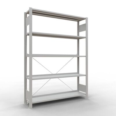 Grundregal, Büro-Fachbodenregal Stecksystem MULTIplus85, 1800 x 1300 x 300 mm (HxBxT), 5 Fachböden, Kreuzstrebe, RAL 7035 lichtgrau, mit Anschlagleiste