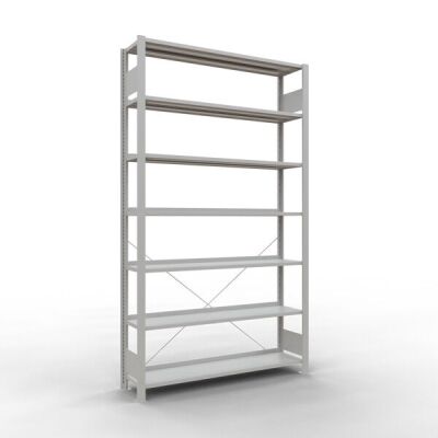 Grundregal, Büro-Fachbodenregal Stecksystem MULTIplus85, 2300 x 1300 x 300 mm (HxBxT), 7 Fachböden, Kreuzstrebe, RAL 7035 lichtgrau, mit Anschlagleiste