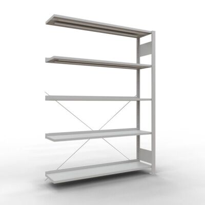Anbauregal, Büro-Fachbodenregal Stecksystem MULTIplus85, 1800 x 1300 x 300 mm (HxBxT), 5 Fachböden, Kreuzstrebe, RAL 7035 lichtgrau, mit Anschlagleiste