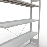 Anbauregal, Büro-Fachbodenregal Stecksystem MULTIplus85, 1800 x 1300 x 300 mm (HxBxT), 5 Fachböden, Kreuzstrebe, RAL 7035 lichtgrau, mit Anschlagleiste