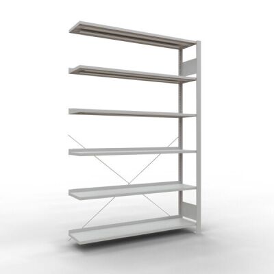 Anbauregal, Büro-Fachbodenregal Stecksystem MULTIplus85, 2000 x 1300 x 300 mm (HxBxT), 6 Fachböden, Kreuzstrebe, RAL 7035 lichtgrau, mit Anschlagleiste