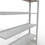 Anbauregal, Büro-Fachbodenregal Stecksystem MULTIplus85, 2000 x 1300 x 300 mm (HxBxT), 6 Fachböden, Kreuzstrebe, RAL 7035 lichtgrau, mit Anschlagleiste