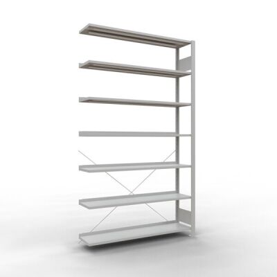 Anbauregal, Büro-Fachbodenregal Stecksystem MULTIplus85, 2300 x 1300 x 300 mm (HxBxT), 7 Fachböden, Kreuzstrebe, RAL 7035 lichtgrau, mit Anschlagleiste