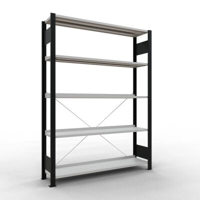 Grundregal, Büro-Fachbodenregal Stecksystem MULTIplus85, 1800 x 1300 x 300 mm (HxBxT), 5 Fachböden, Kreuzstrebe, schwarz/RAL 7035 lichtgrau, mit Anschlagleiste
