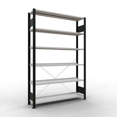 Grundregal, Büro-Fachbodenregal Stecksystem MULTIplus85, 2000 x 1300 x 300 mm (HxBxT), 6 Fachböden, Kreuzstrebe, schwarz/RAL 7035 lichtgrau, mit Anschlagleiste