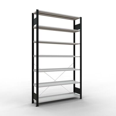 Grundregal, Büro-Fachbodenregal Stecksystem MULTIplus85, 2300 x 1300 x 300 mm (HxBxT), 7 Fachböden, Kreuzstrebe, schwarz/RAL 7035 lichtgrau, mit Anschlagleiste