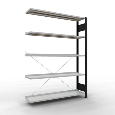 Anbauregal, Büro-Fachbodenregal Stecksystem MULTIplus85, 1800 x 1300 x 300 mm (HxBxT), 5 Fachböden, Kreuzstrebe, schwarz/RAL 7035 lichtgrau, mit Anschlagleiste