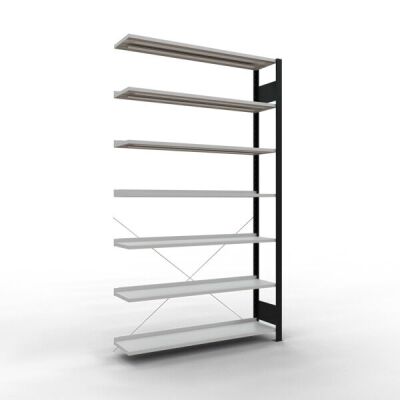 Anbauregal, Büro-Fachbodenregal Stecksystem MULTIplus85, 2300 x 1300 x 300 mm (HxBxT), 7 Fachböden, Kreuzstrebe, schwarz/RAL 7035 lichtgrau, mit Anschlagleiste