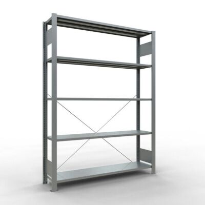 Grundregal, Büro-Fachbodenregal Stecksystem MULTIplus85, 1800 x 1300 x 300 mm (HxBxT), 5 Fachböden, Kreuzstrebe, verzinkt, ohne Anschlagleiste