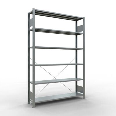 Grundregal, Büro-Fachbodenregal Stecksystem MULTIplus85, 2000 x 1300 x 300 mm (HxBxT), 6 Fachböden, Kreuzstrebe, verzinkt, ohne Anschlagleiste