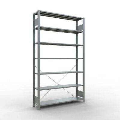 Grundregal, Büro-Fachbodenregal Stecksystem MULTIplus85, 2300 x 1300 x 300 mm (HxBxT), 7 Fachböden, Kreuzstrebe, verzinkt, ohne Anschlagleiste