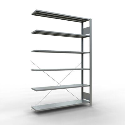 Anbauregal, Büro-Fachbodenregal Stecksystem MULTIplus85, 2000 x 1300 x 300 mm (HxBxT), 6 Fachböden, Kreuzstrebe, verzinkt, ohne Anschlagleiste