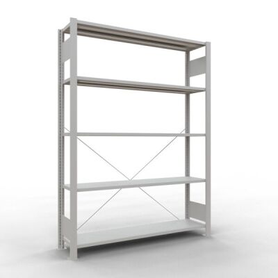 Grundregal, Büro-Fachbodenregal Stecksystem MULTIplus85, 1800 x 1300 x 300 mm (HxBxT), 5 Fachböden, Kreuzstrebe, RAL 7035 lichtgrau, ohne Anschlagleiste