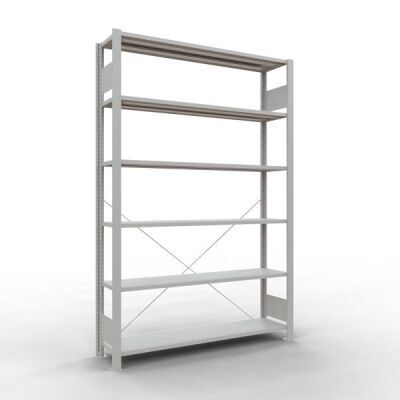 Grundregal, Büro-Fachbodenregal Stecksystem MULTIplus85, 2000 x 1300 x 300 mm (HxBxT), 6 Fachböden, Kreuzstrebe, RAL 7035 lichtgrau, ohne Anschlagleiste